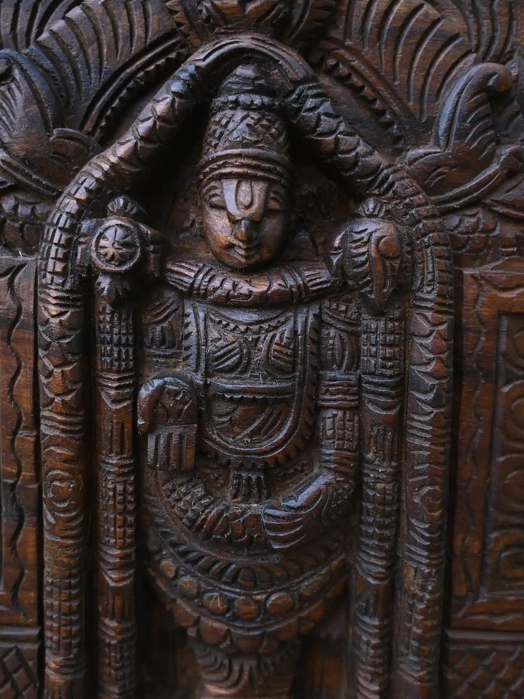 Balaji with Two Consorts, Padmavathi & Lakshmi Wooden Panel 48"
