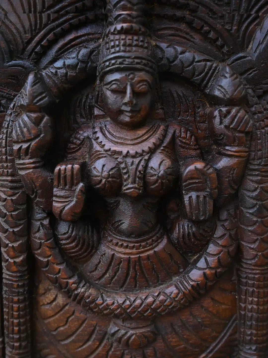 Balaji with Two Consorts, Padmavathi & Lakshmi Wooden Panel 48"