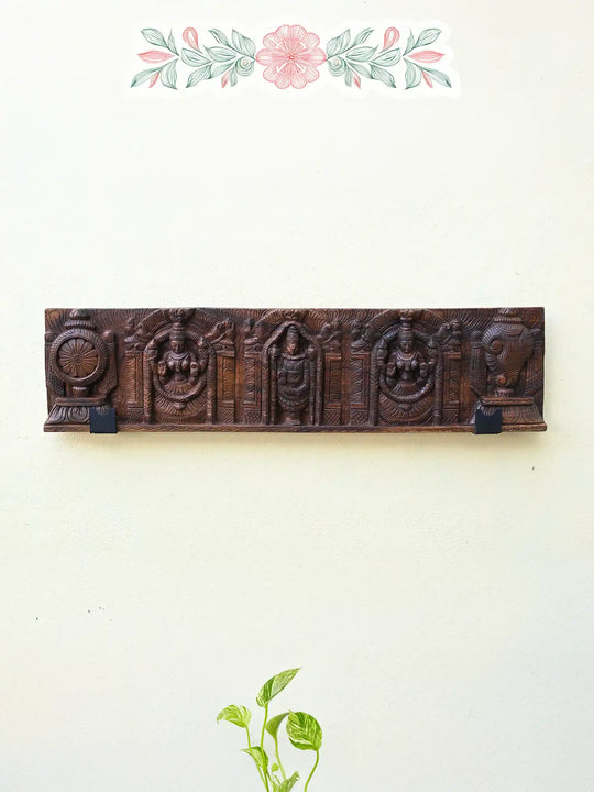 Balaji with Two Consorts, Padmavathi & Lakshmi Wooden Panel 48"