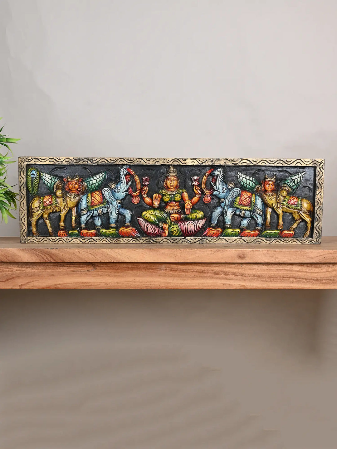 Goddess GajaLakshmi with Kamadhenu  wooden Horizontal Wall Panel 30"