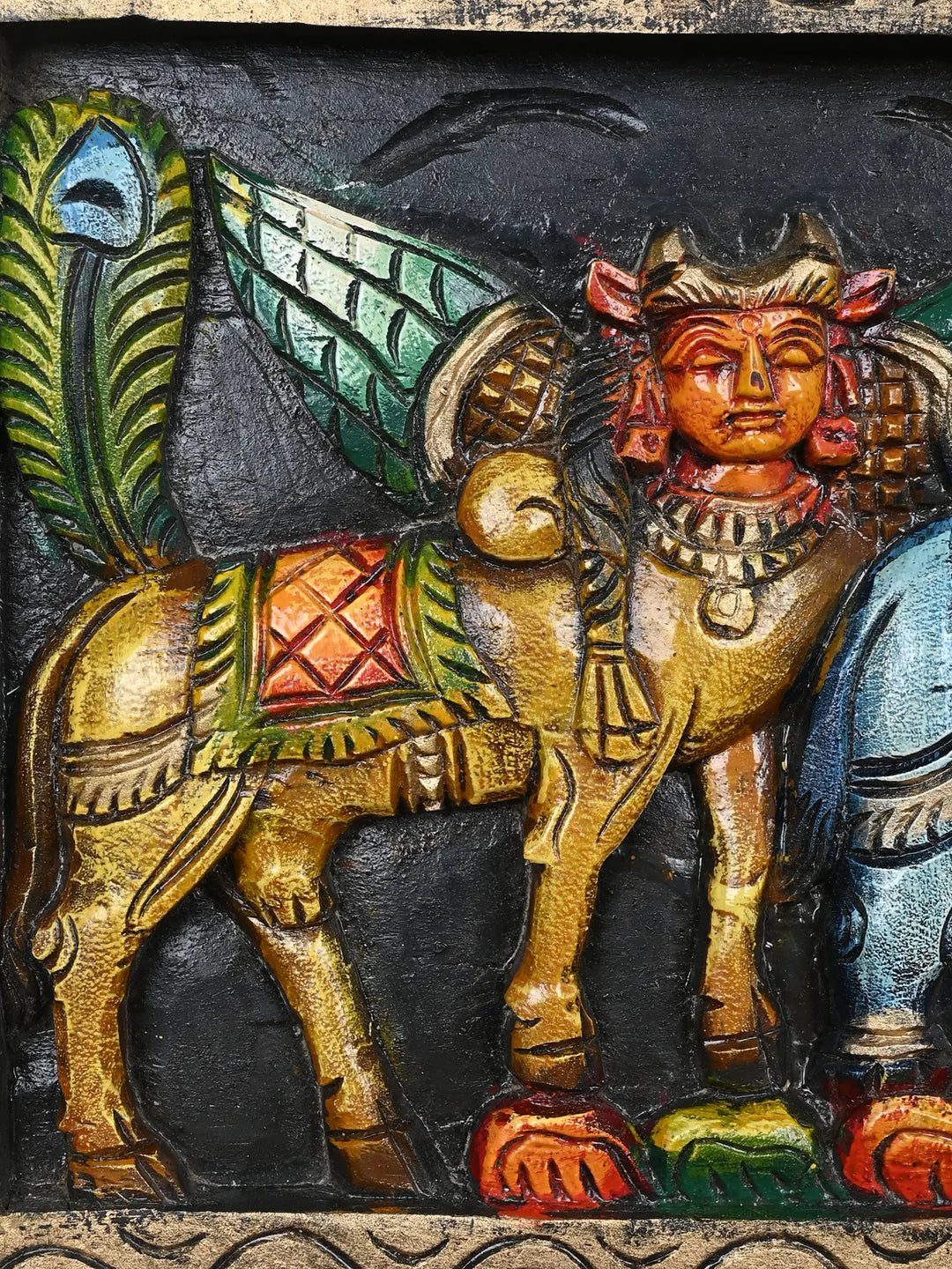 Goddess GajaLakshmi with Kamadhenu  wooden Horizontal Wall Panel 30"