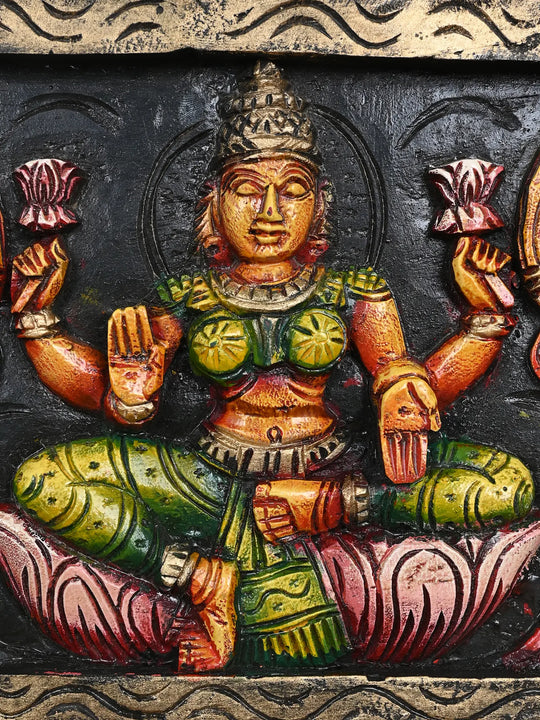 Goddess GajaLakshmi with Kamadhenu  wooden Horizontal Wall Panel 30"