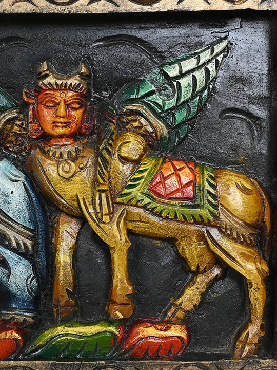 Goddess GajaLakshmi with Kamadhenu  wooden Horizontal Wall Panel 30"