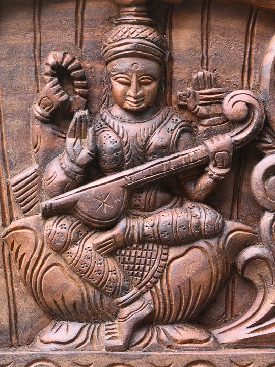 Peacock Design GajaLakshmi, Ganesh, Saraswathi Horizontal Wall Panel 48"