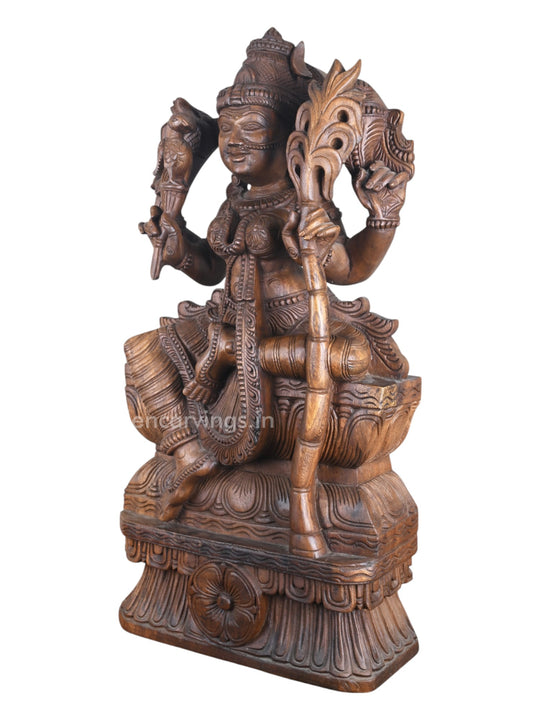 Goddess Kamatchi Holding Sugarcane in Hand Wooden Sculpture 36"