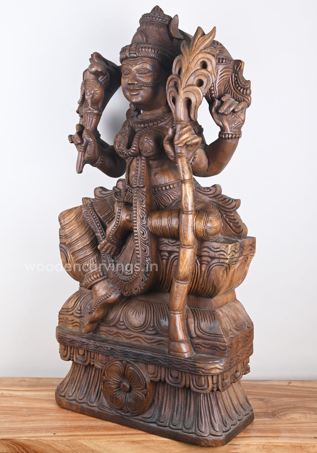 Goddess Kamatchi Holding Sugarcane in Hand Wooden Sculpture 36"