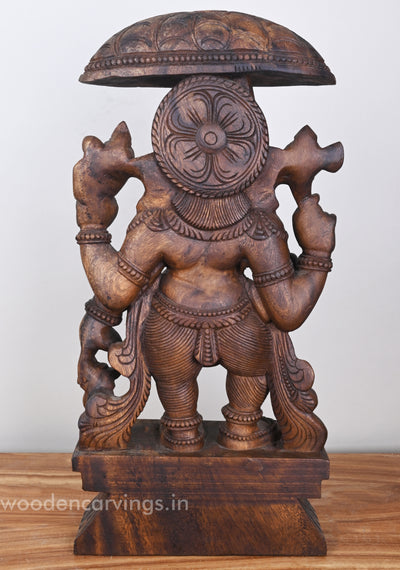 Standing Lord Ganesha Holding Umbrella & Kamandalam Wooden Sculpture 26"