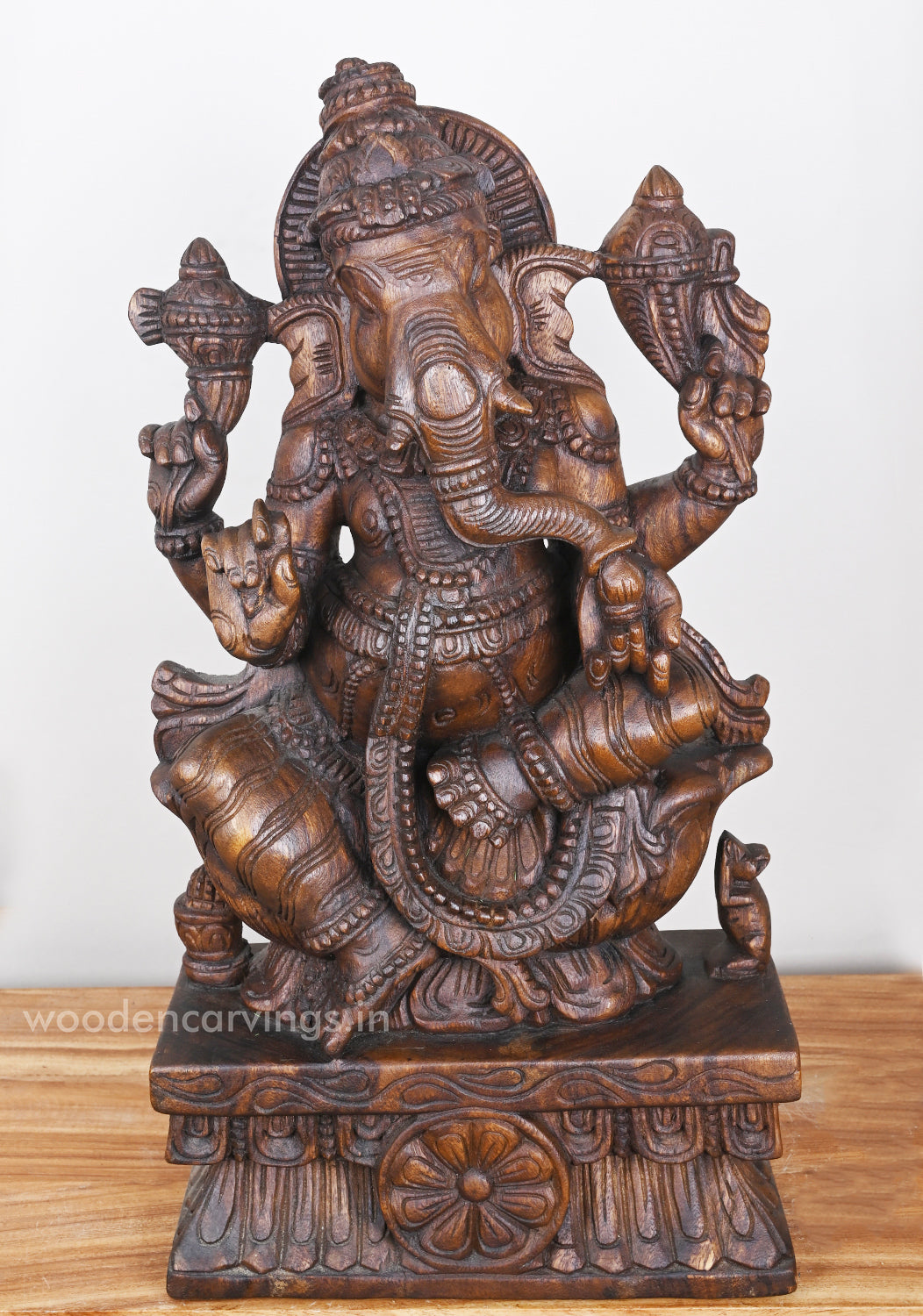 Joyfully Eating Mango Lord Ganesha On Lotus Sculpture 23"