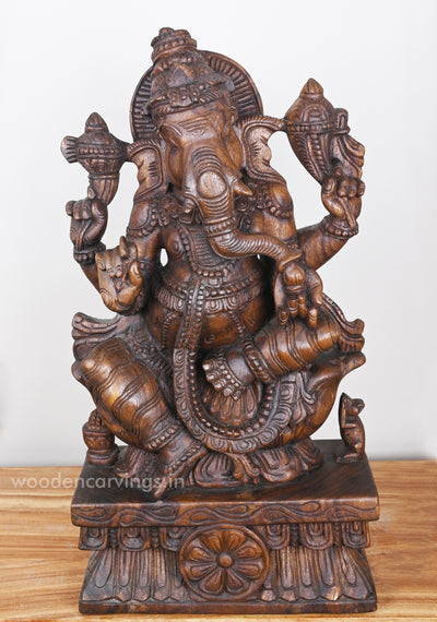 Joyfully Eating Mango Lord Ganesha On Lotus Sculpture 23"