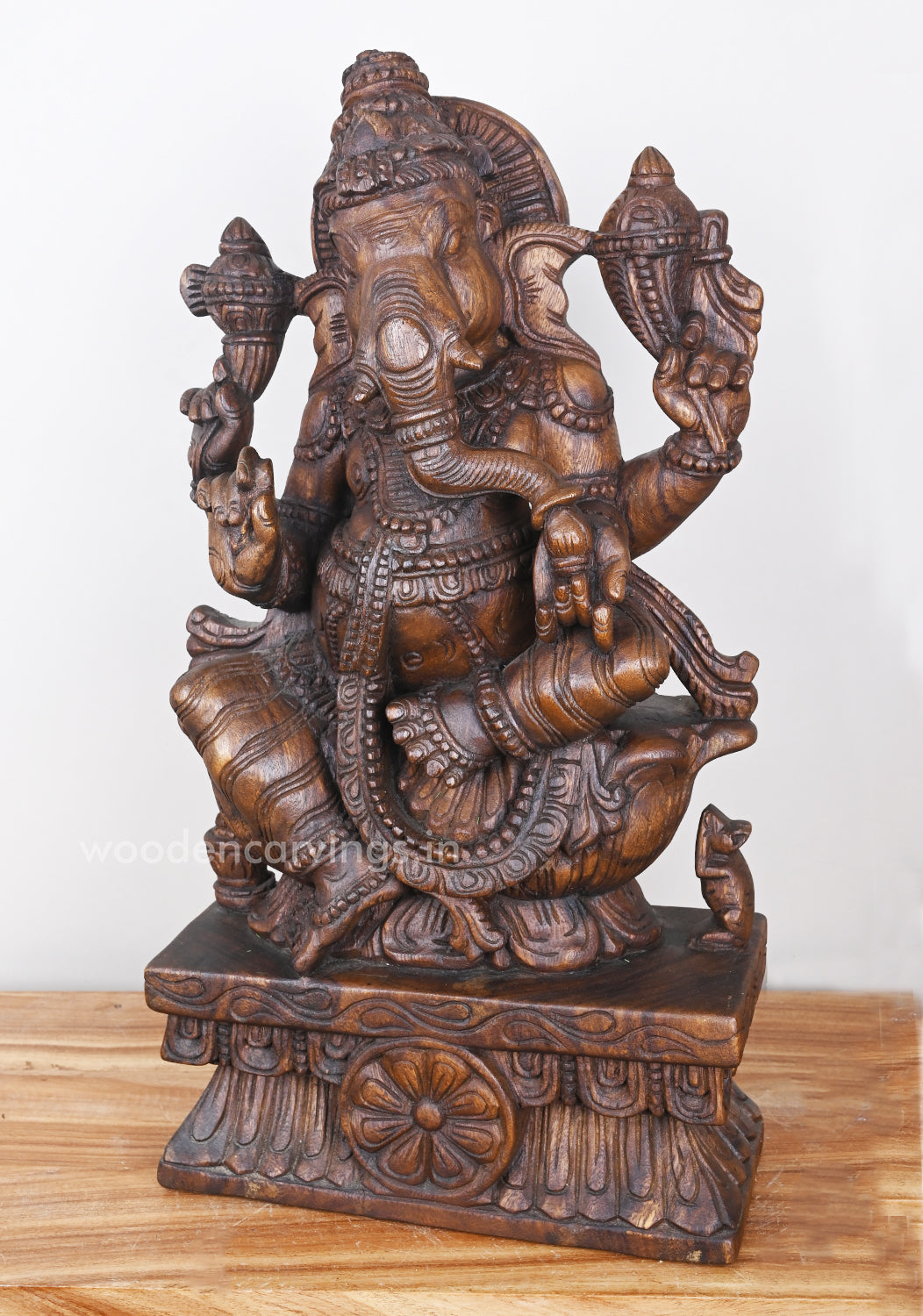 Joyfully Eating Mango Lord Ganesha On Lotus Sculpture 23"