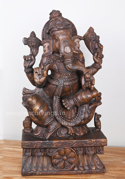 Joyfully Eating Mango Lord Ganesha On Lotus Sculpture 23"