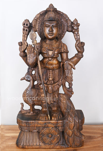 Arulmigu Karthikeya Standing With Peacock and Velayutha wooden Sculpture 24"