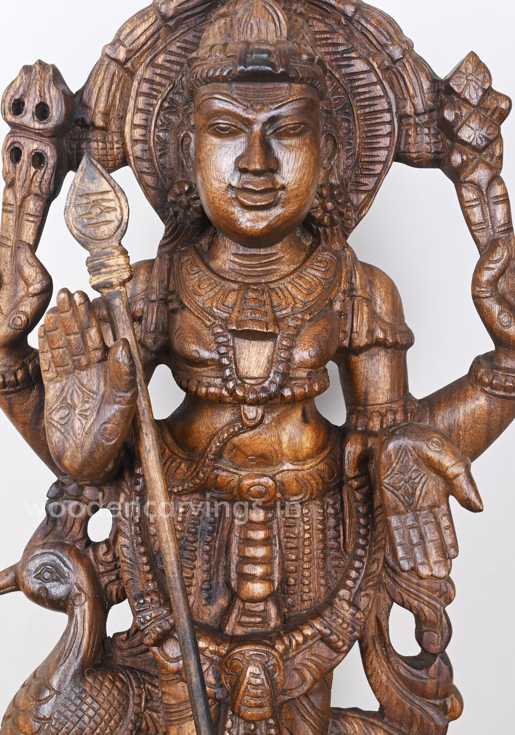 Arulmigu Karthikeya Standing With Peacock and Velayutha wooden Sculpture 24"
