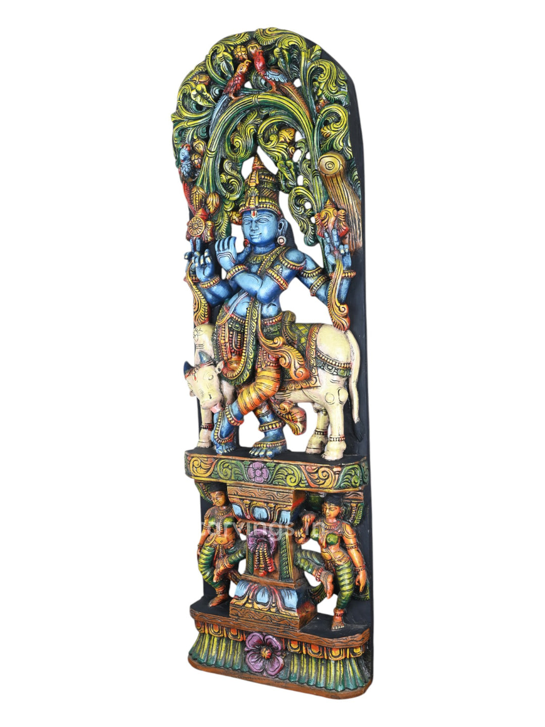 Lord Krishna Standing with Cow | 48" Handcrafted Wooden Idol