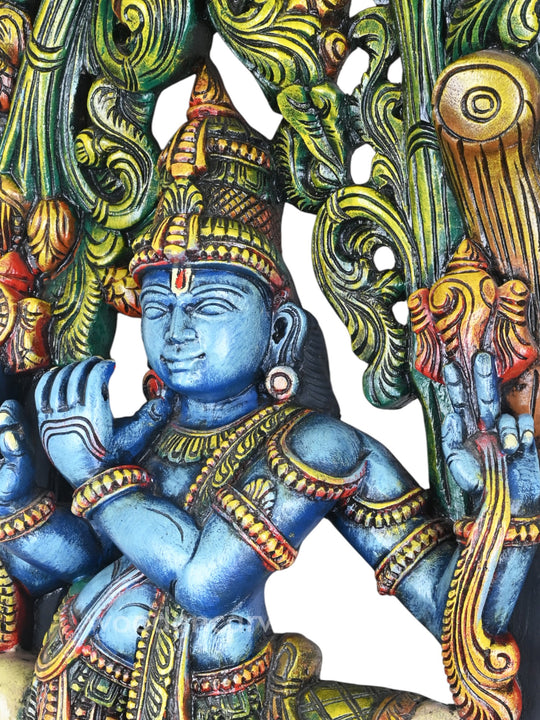 Lord Krishna Standing with Cow | 48" Handcrafted Wooden Idol