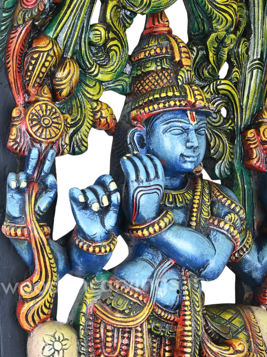 Lord Krishna Standing with Cow | 48" Handcrafted Wooden Idol