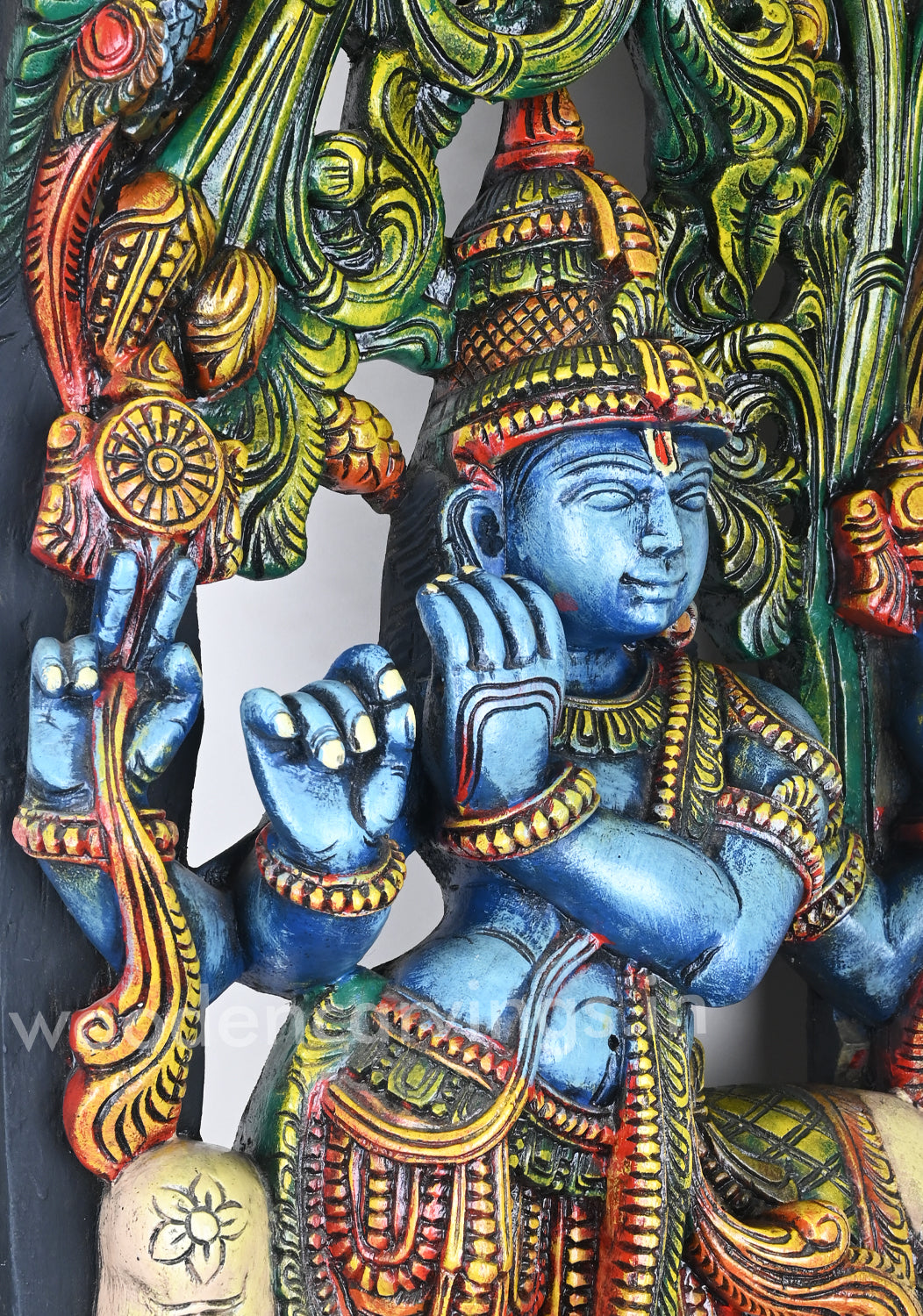 Collections of Blueish Lord Krishna Standing With Cow, Playing With Flute Jali Work 48"
