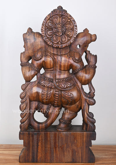 Thandava Ganesha Holding Aspicious Lotus in Lengthy Trunk Wooden Sculpture 25"
