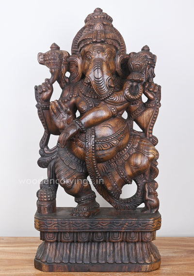 Thandava Ganesha Holding Aspicious Lotus in Lengthy Trunk Wooden Sculpture 25"