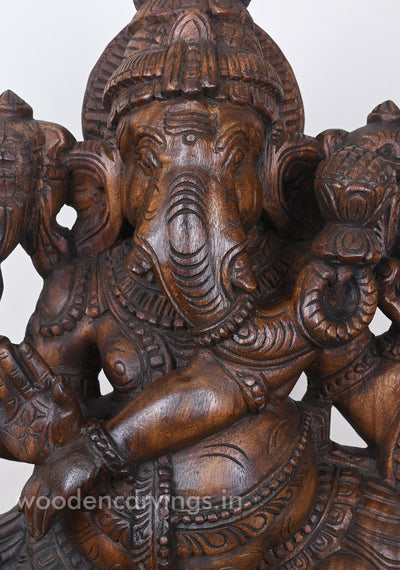 Thandava Ganesha Holding Aspicious Lotus in Lengthy Trunk Wooden Sculpture 25"