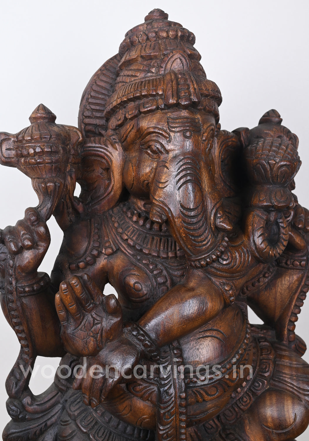 Thandava Ganesha Holding Aspicious Lotus in Lengthy Trunk Wooden Sculpture 25"