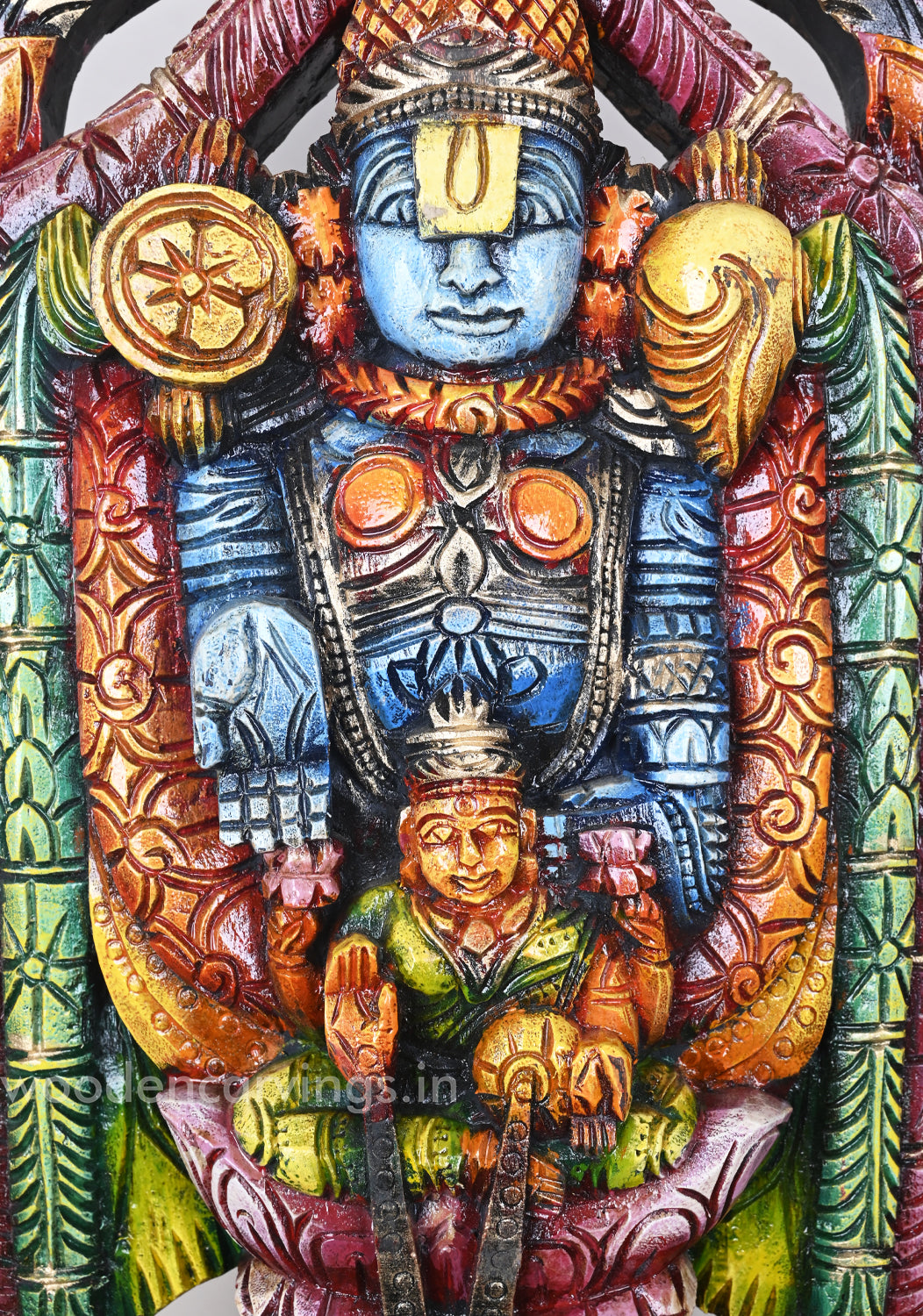 Multicoloured Venkateshwara Balaji with Goddess Lakshmi Wooden Sculpture 22"