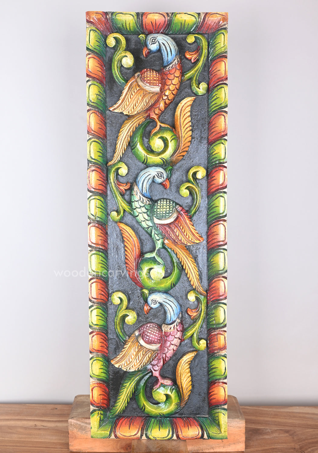 Three Beautiful Parrots Standing on Tree Vertical Attractive Wall Mount Panel 35"