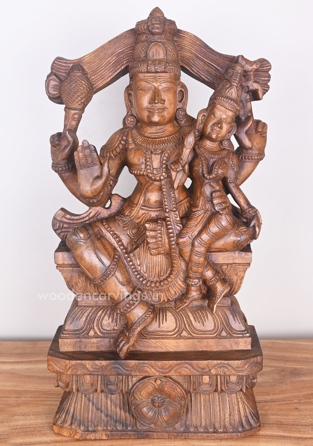 Devi Parvathi Seated on Mahadev's Lap and Blessing people in Mudra Abhaya Wooden Sculpture 24"