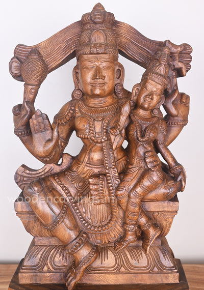 Devi Parvathi Seated on Mahadev's Lap and Blessing people in Mudra Abhaya Wooden Sculpture 24"