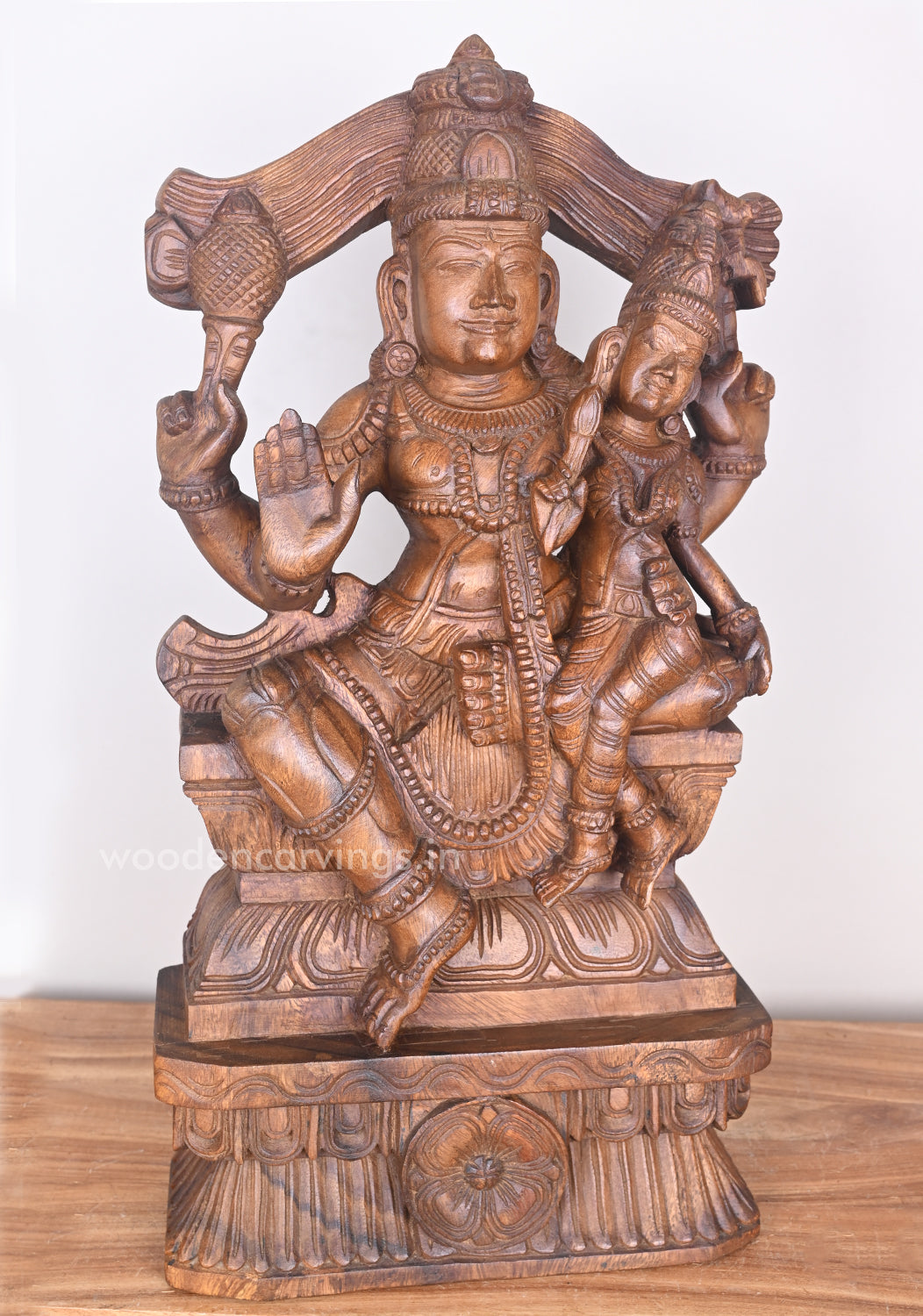 Devi Parvathi Seated on Mahadev's Lap and Blessing people in Mudra Abhaya Wooden Sculpture 24"