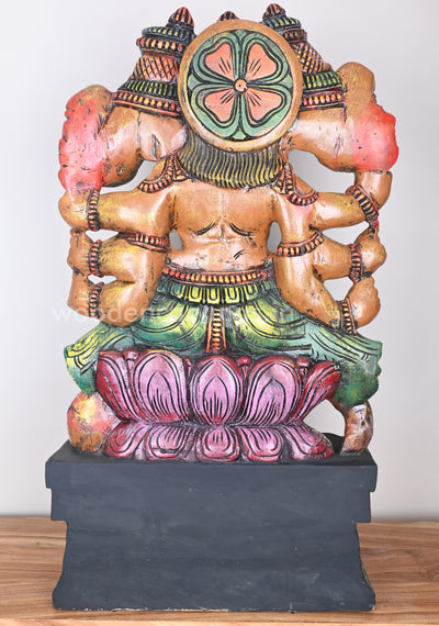 Showpiece of Eight Hand Three Head Ganesha on Pink Lotus Wooden Sculpture 33"