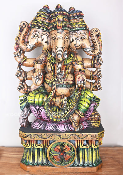 Showpiece of Eight Hand Three Head Ganesha on Pink Lotus Wooden Sculpture 33"