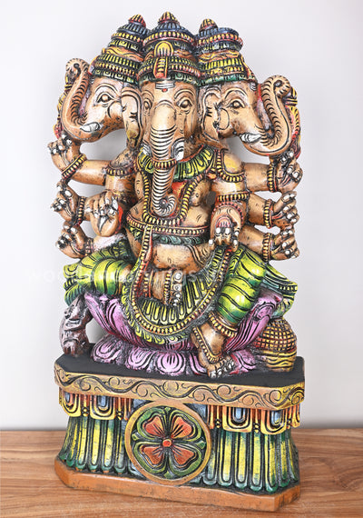 Showpiece of Eight Hand Three Head Ganesha on Pink Lotus Wooden Sculpture 33"