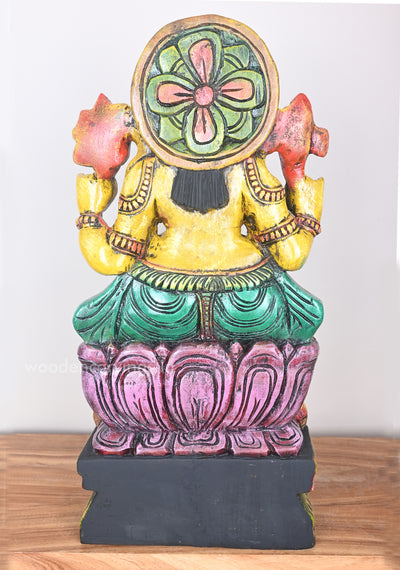 Figurine of Yellow Ganesha on Pink Lotus with His Vahana Mouse Wooden Sculpture 24"