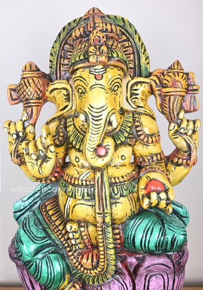 Figurine of Yellow Ganesha on Pink Lotus with His Vahana Mouse Wooden Sculpture 24"