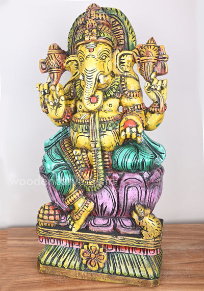 Figurine of Yellow Ganesha on Pink Lotus with His Vahana Mouse Wooden Sculpture 24"