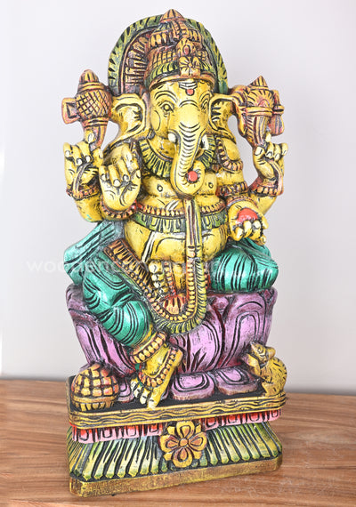 Figurine of Yellow Ganesha on Pink Lotus with His Vahana Mouse Wooden Sculpture 24"