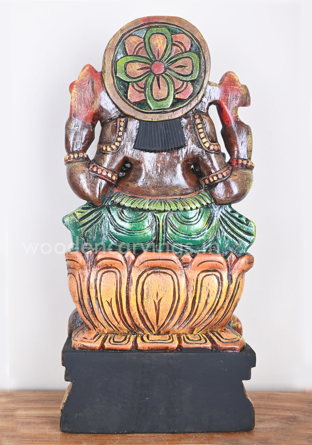 Painted Ganesha on Orange Lotus Wooden Sculpture 25