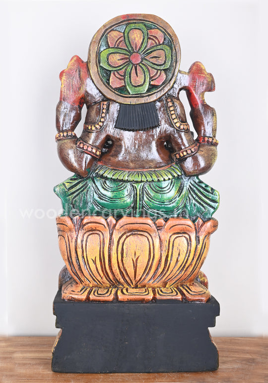 Painted Ganesha on Orange Lotus Wooden Sculpture 25