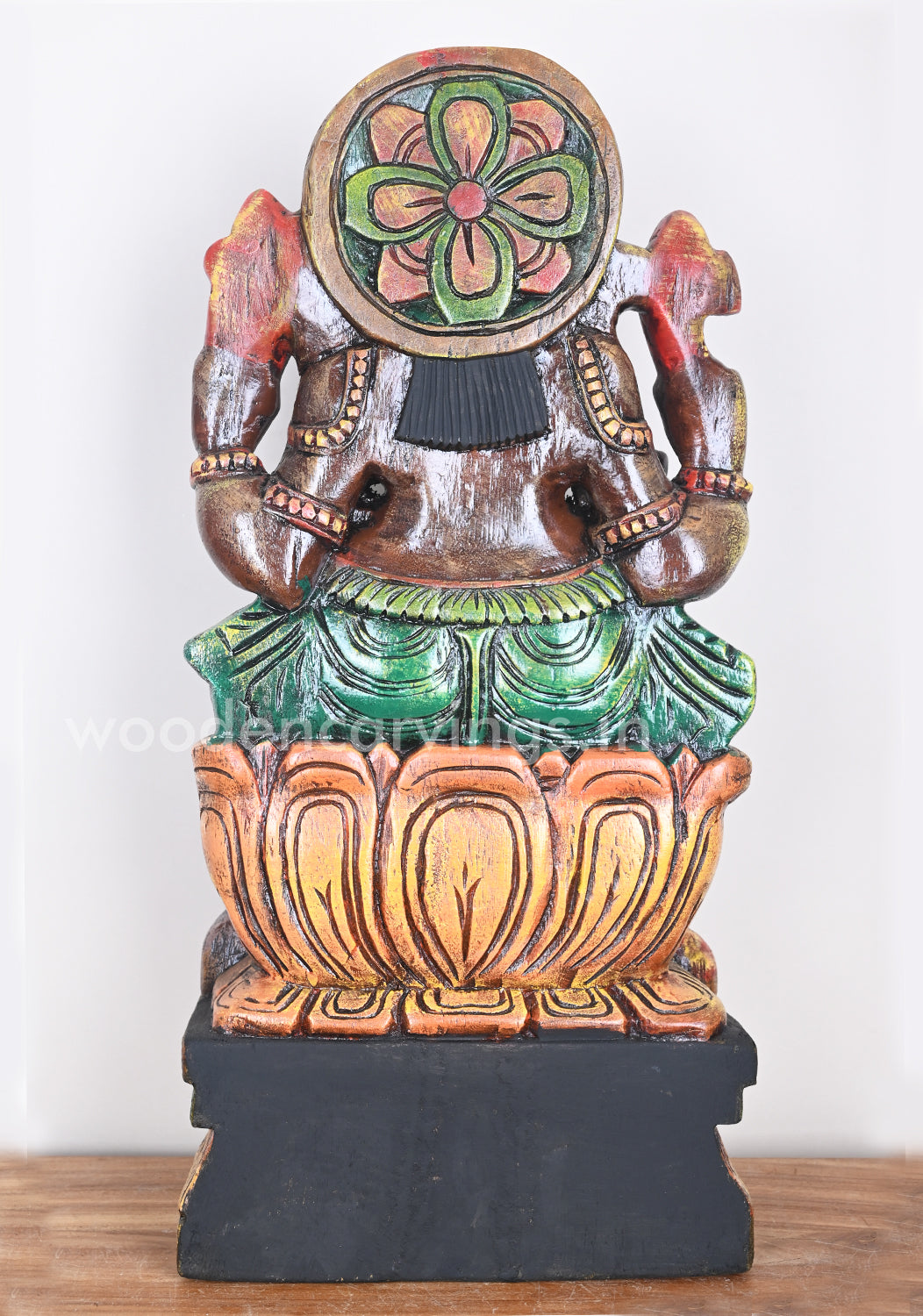 Classic Mild Coloured Painting Ganesha on Orange Lotus Wooden Sculpture 25"