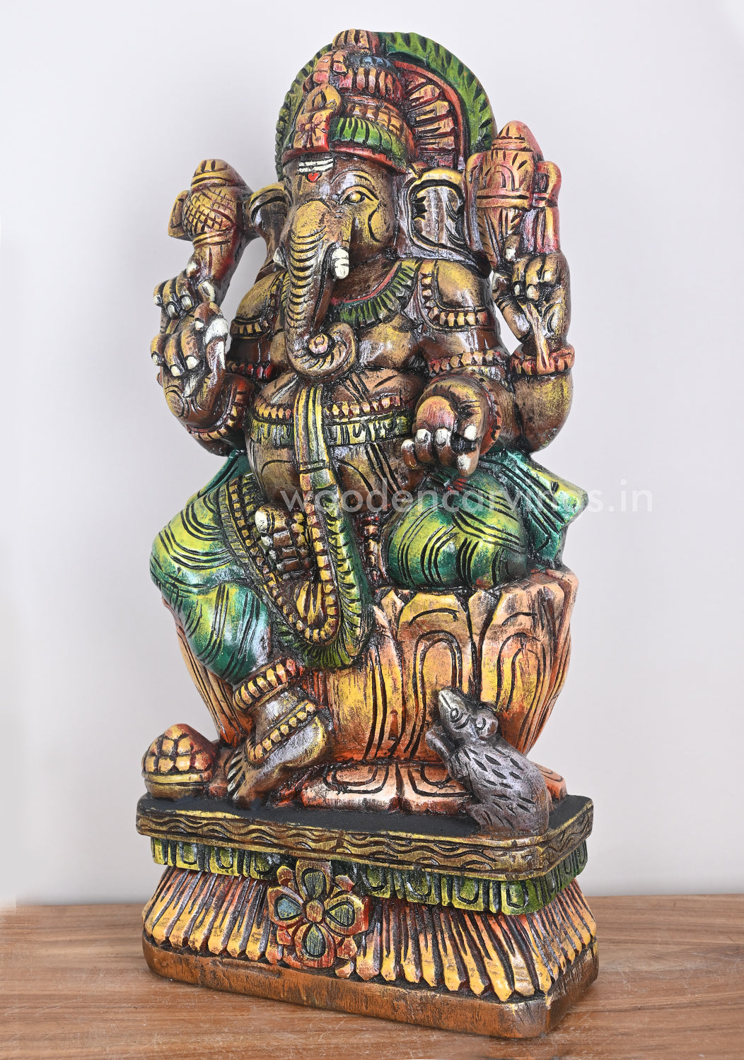 Classic Mild Coloured Painting Ganesha on Orange Lotus Wooden Sculpture 25"