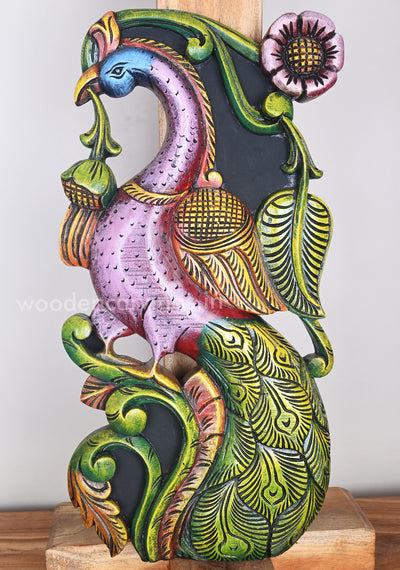 Colourful Wall Mount of Vertical Peacock Standing on Tree Wooden Sculpture 24"