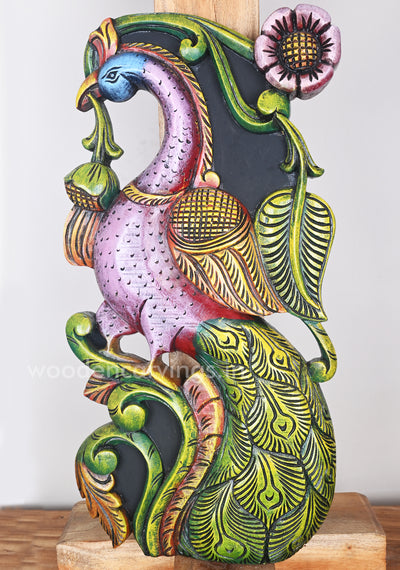 Colourful Wall Mount of Vertical Peacock Standing on Tree Wooden Sculpture 24"