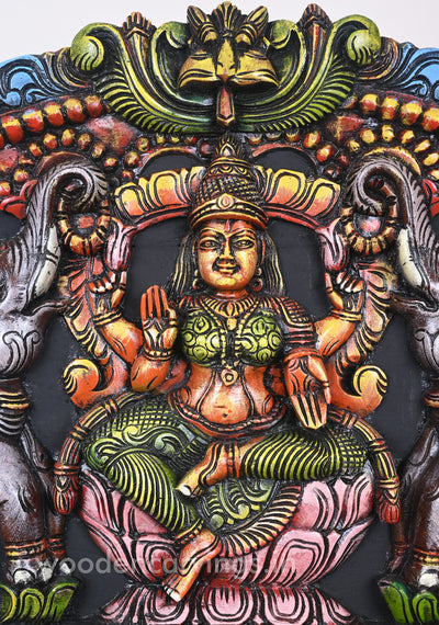Sri GajaLakshmi Calmly Seated on Lotus With Paired Grey Elephants Decorative Arch Panel  48"