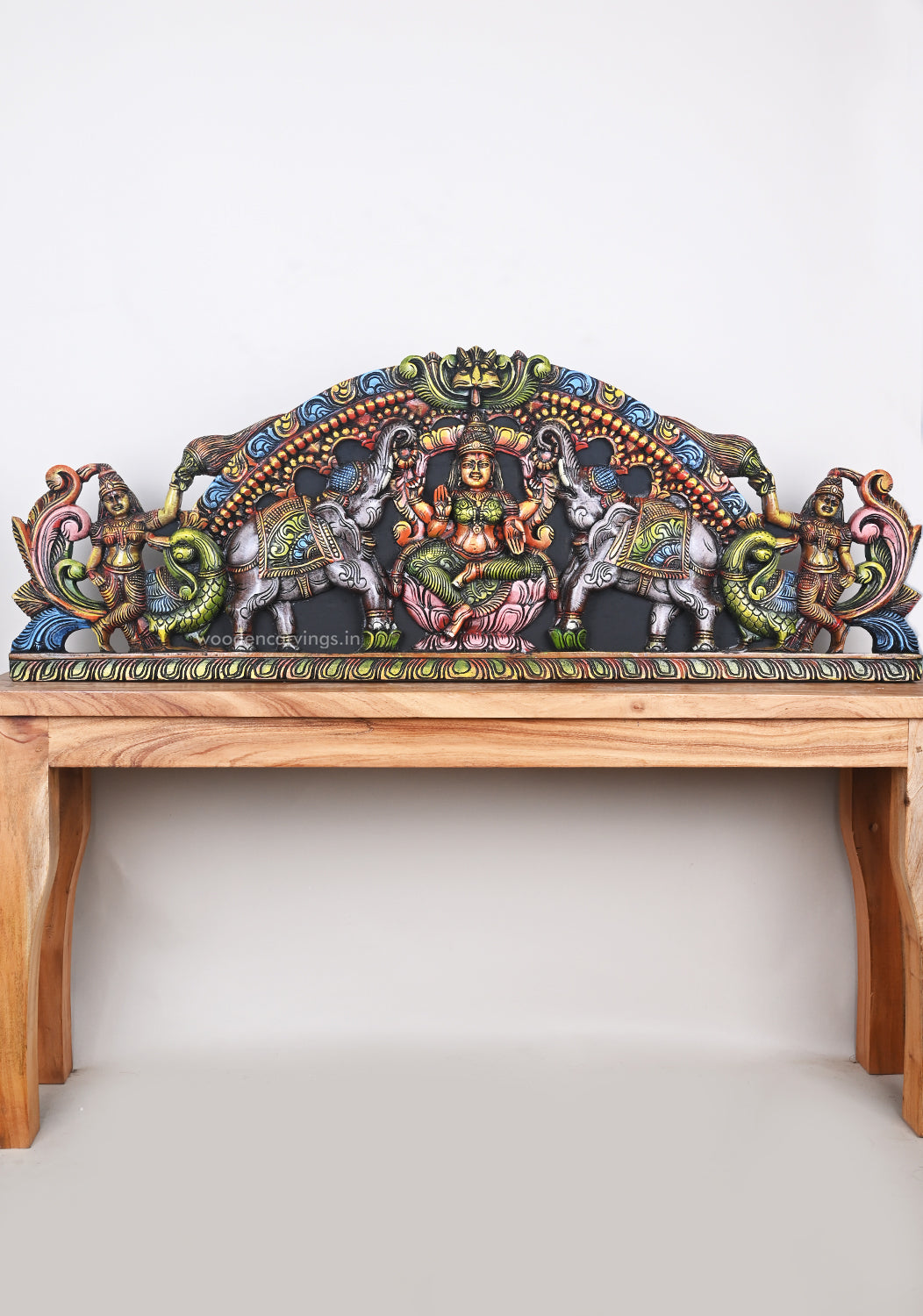Sri GajaLakshmi Calmly Seated on Lotus With Paired Grey Elephants Decorative Arch Panel  48"