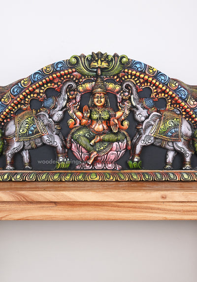 Sri GajaLakshmi Calmly Seated on Lotus With Paired Grey Elephants Decorative Arch Panel  48"