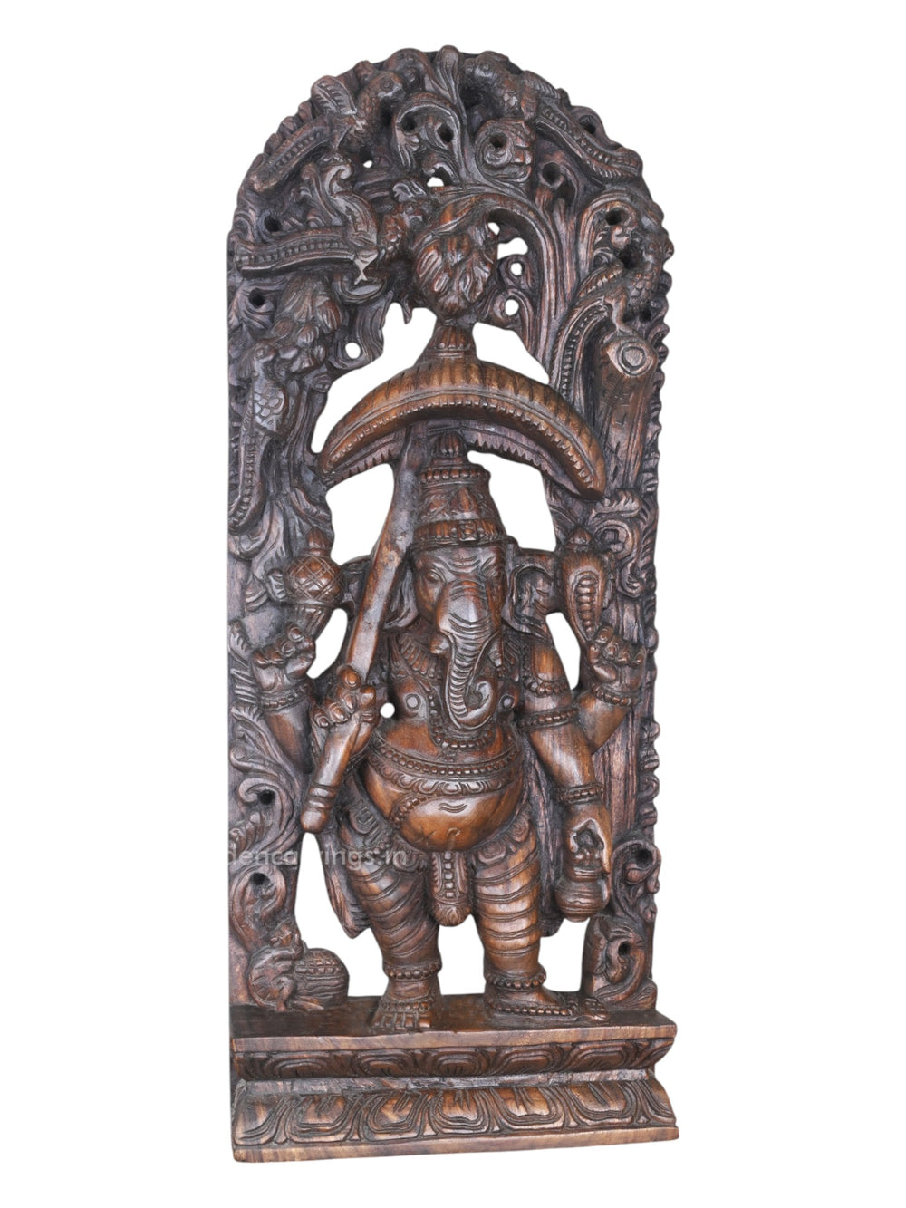 Standing Umbrella Ganesh Murti Holding Water Storage Pot (Kamandalam) Jali Work Wall Mount 36"