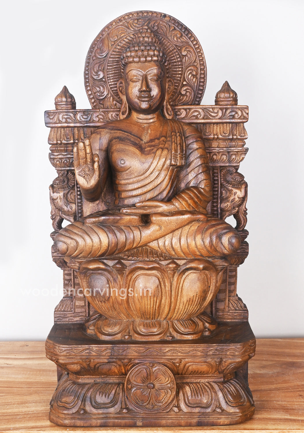 Smiling Buddha Calmly Seated on Lotus Yogasana Posture and Blessing People in Mudra Vitarka Statue 24.5"