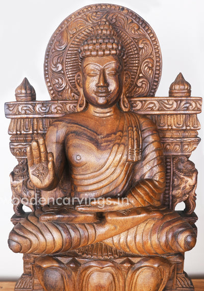 Smiling Buddha Calmly Seated on Lotus Yogasana Posture and Blessing People in Mudra Vitarka Statue 24.5"