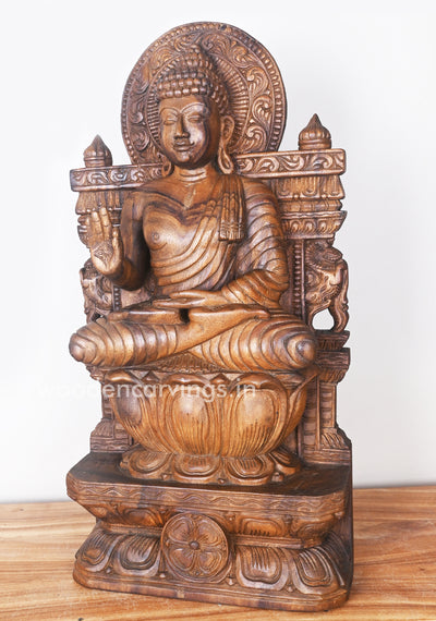 Smiling Buddha Calmly Seated on Lotus Yogasana Posture and Blessing People in Mudra Vitarka Statue 24.5"